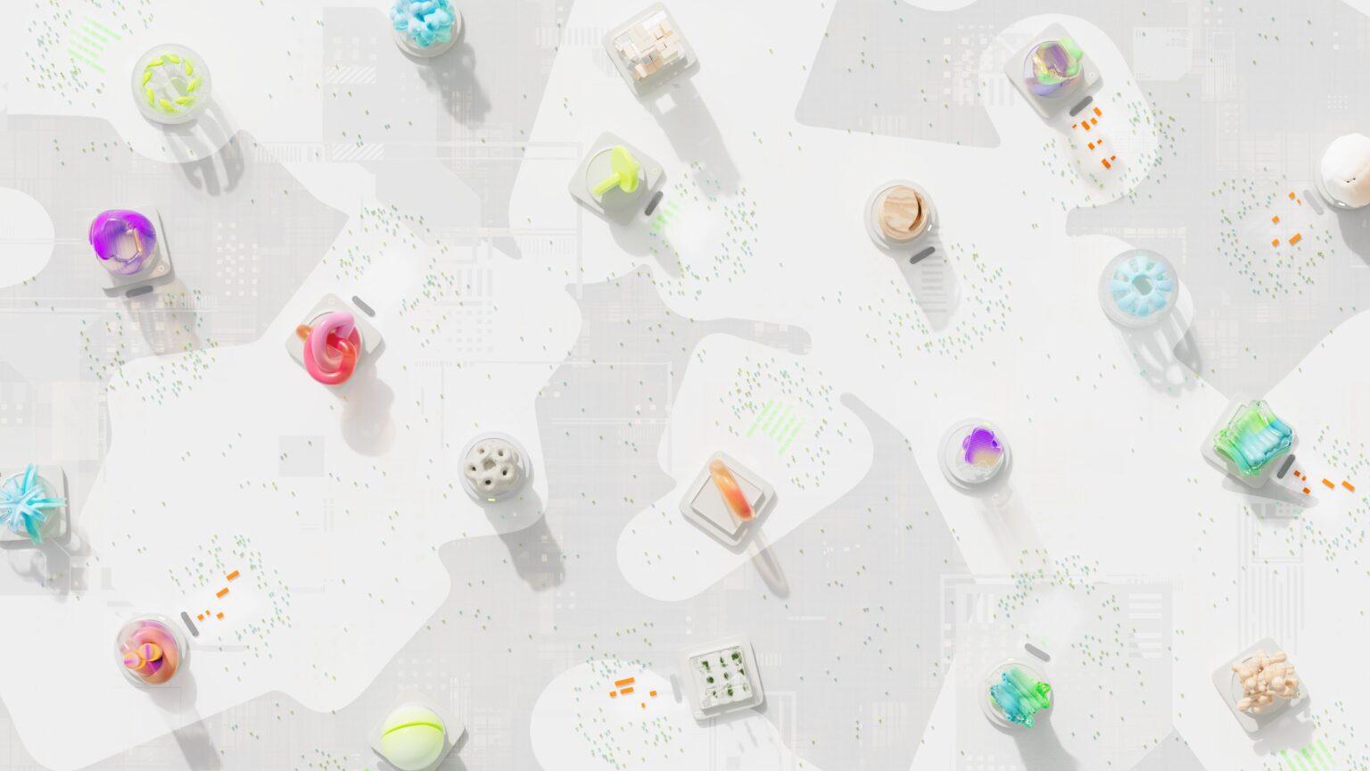 Abstract 3D render of colorful geometric objects on a light surface, evoking AI-generated design
