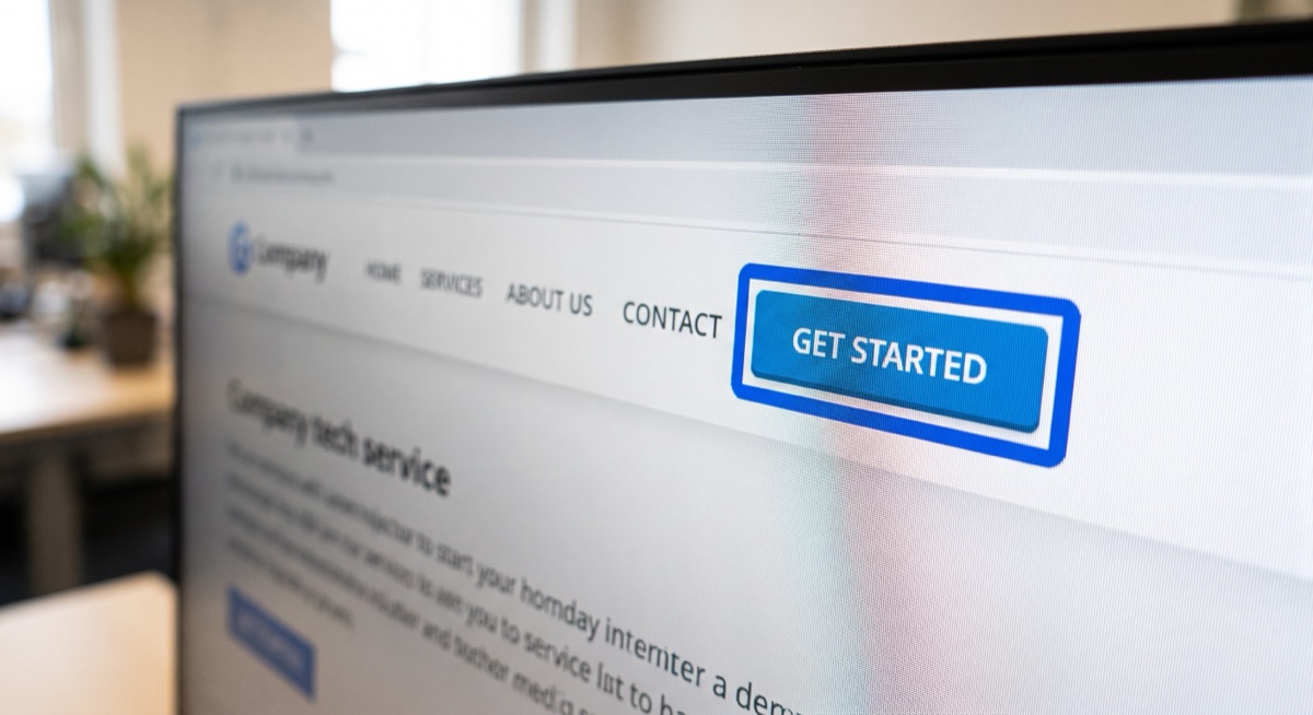 A close-up of a computer monitor showing a business website with a blue "Get Started" button, blurred office in the background