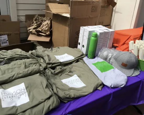 Variety of custom branded promotional products on display
